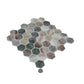 green beige matte recycled glass hexagon mosaic tile sheet with varied earth tones 12x12