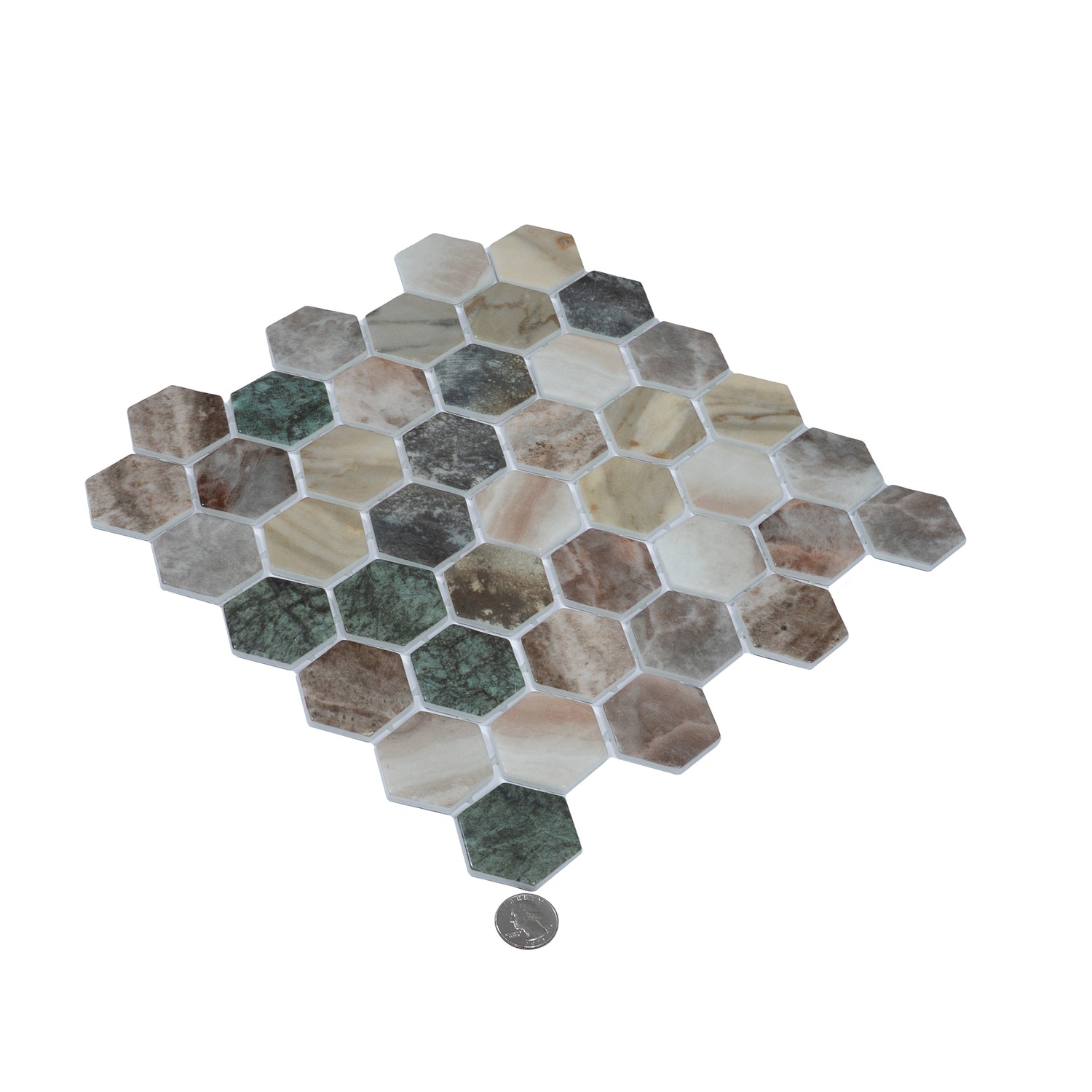 green beige matte recycled glass hexagon mosaic tile sheet with varied earth tones 12x12