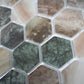 matte recycled glass hexagon mosaic tiles in green beige tones, 12x12 inches, multi-color pattern