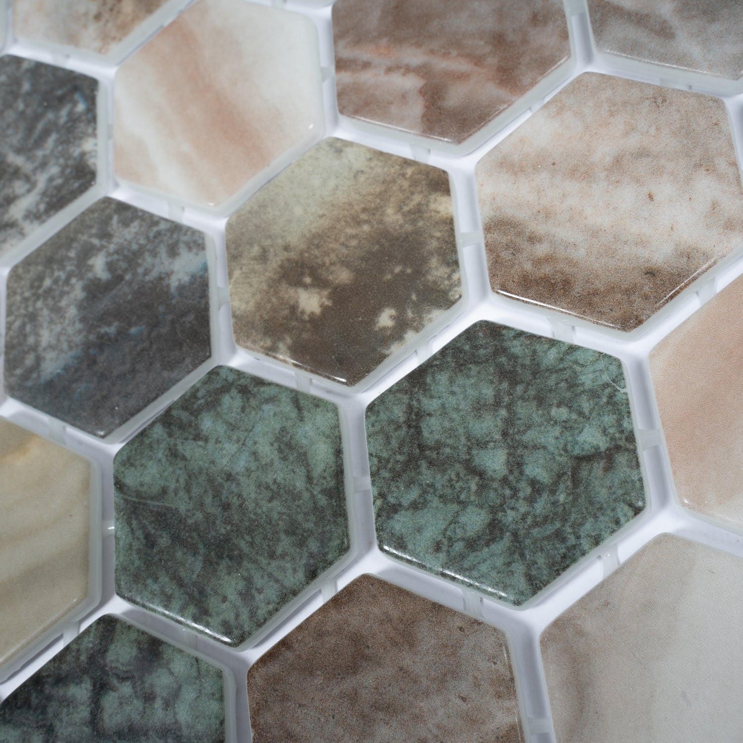 matte recycled glass hexagon mosaic tiles in green beige tones, 12x12 inches, multi-color pattern