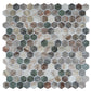 Green beige hexagon mosaic tile sheet with matte recycled glass in various earth tones