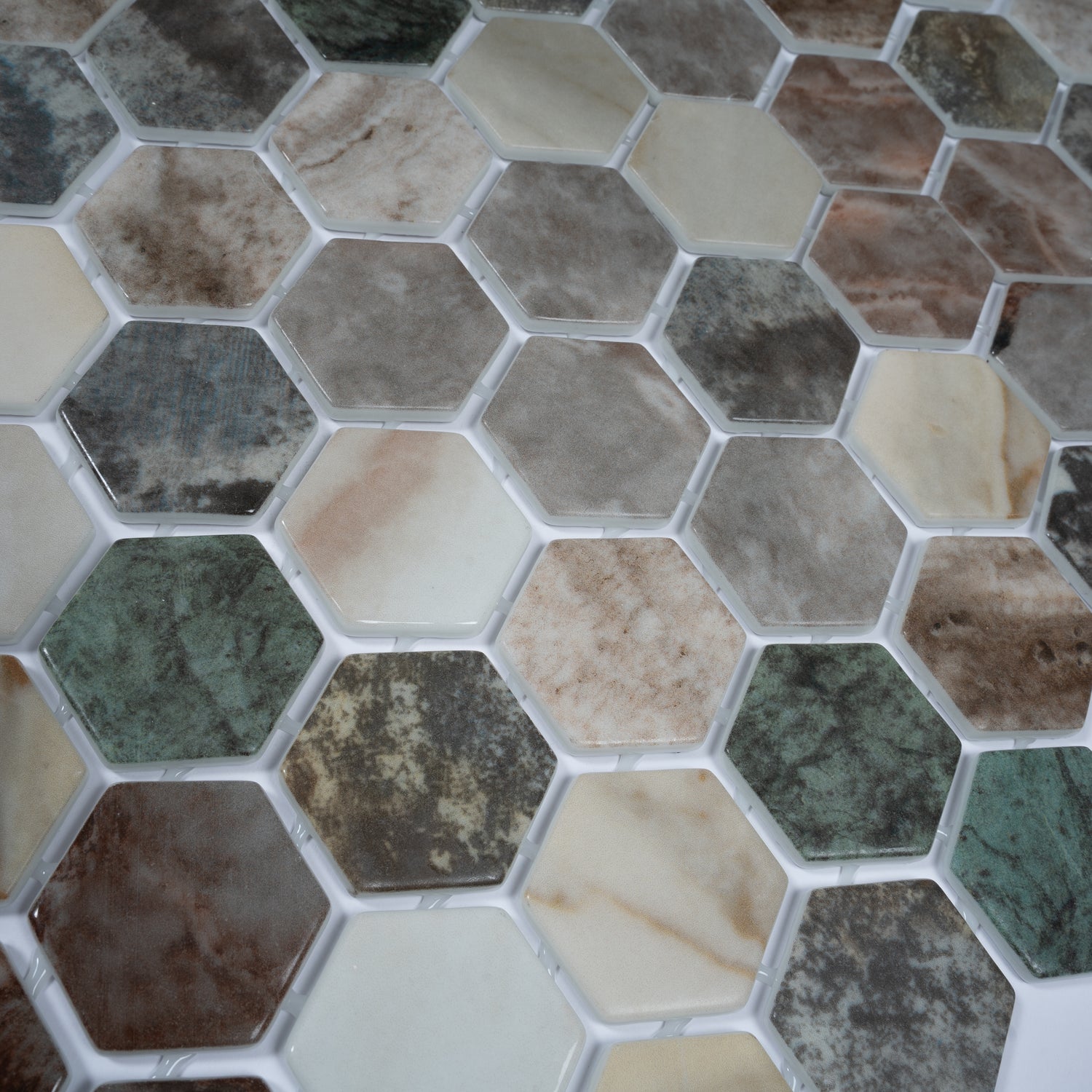 green beige recycled glass hexagon mosaic tiles with matte finish in 12x12 size