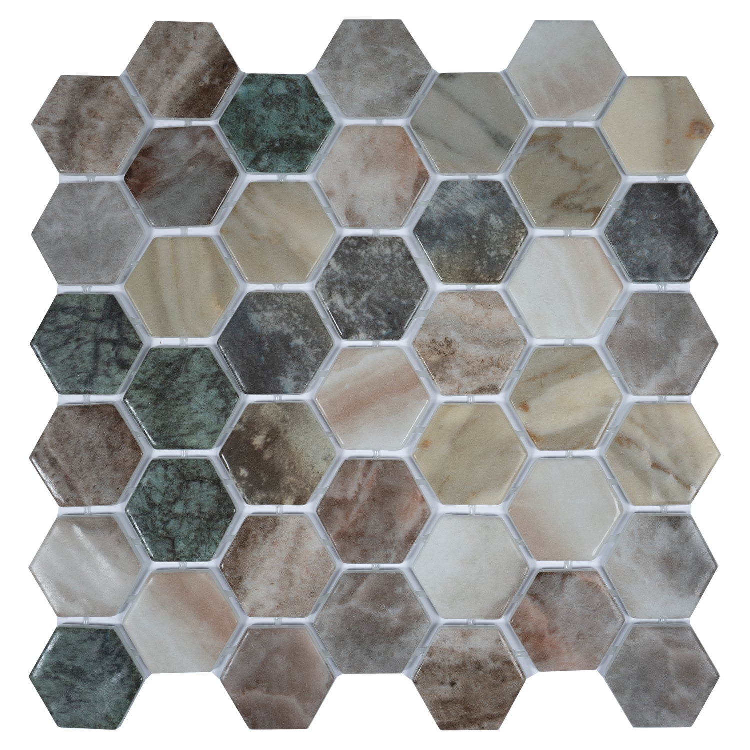 Green beige matte recycled glass hexagon mosaic tile sheet with varied natural stone texture