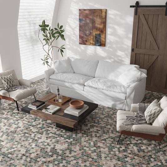 green beige matte recycled glass hexagon mosaic tile flooring with beige and forest green tones