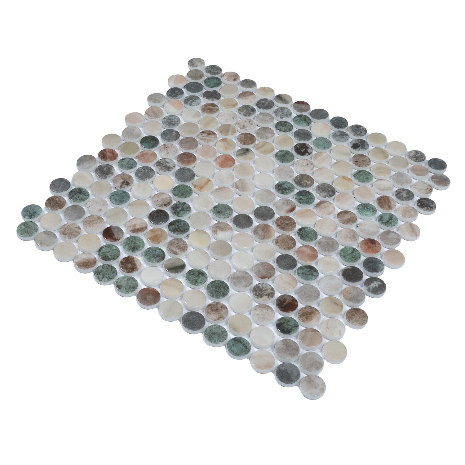 green and beige round matte recycled glass mosaic tile sheet 12x12 inches assorted earth tones