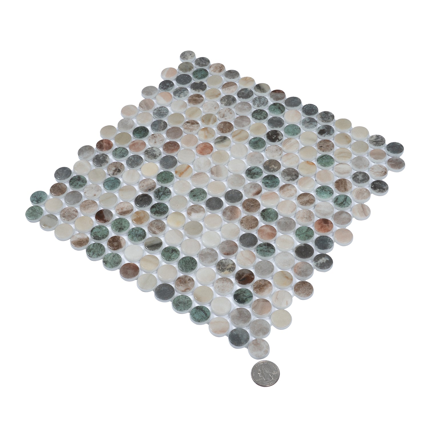 green beige 12x12 matte recycled glass round mosaic tile sheet with mixed earthy tones