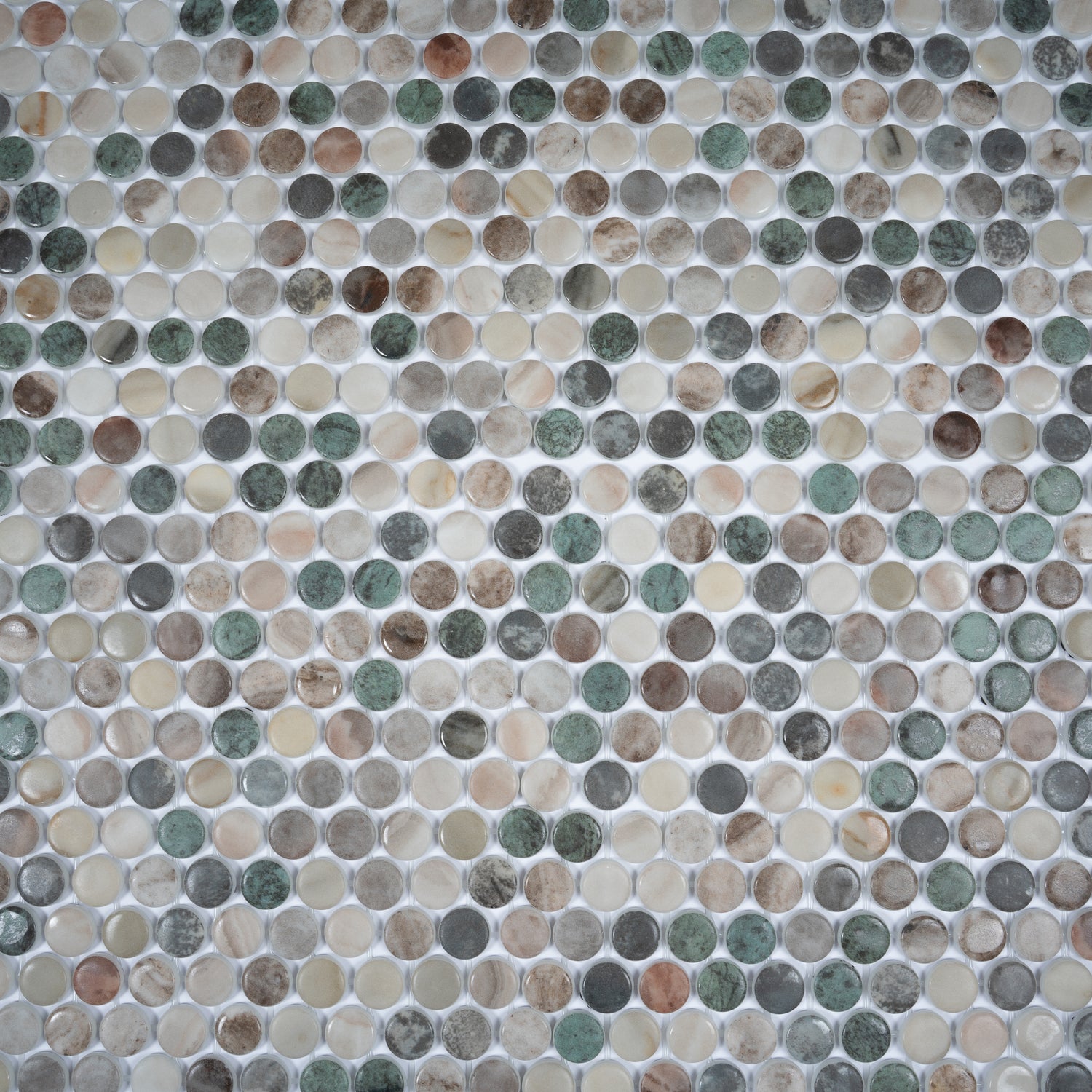 green beige round recycled glass mosaic tile sheet with matte finish in 12x12 size