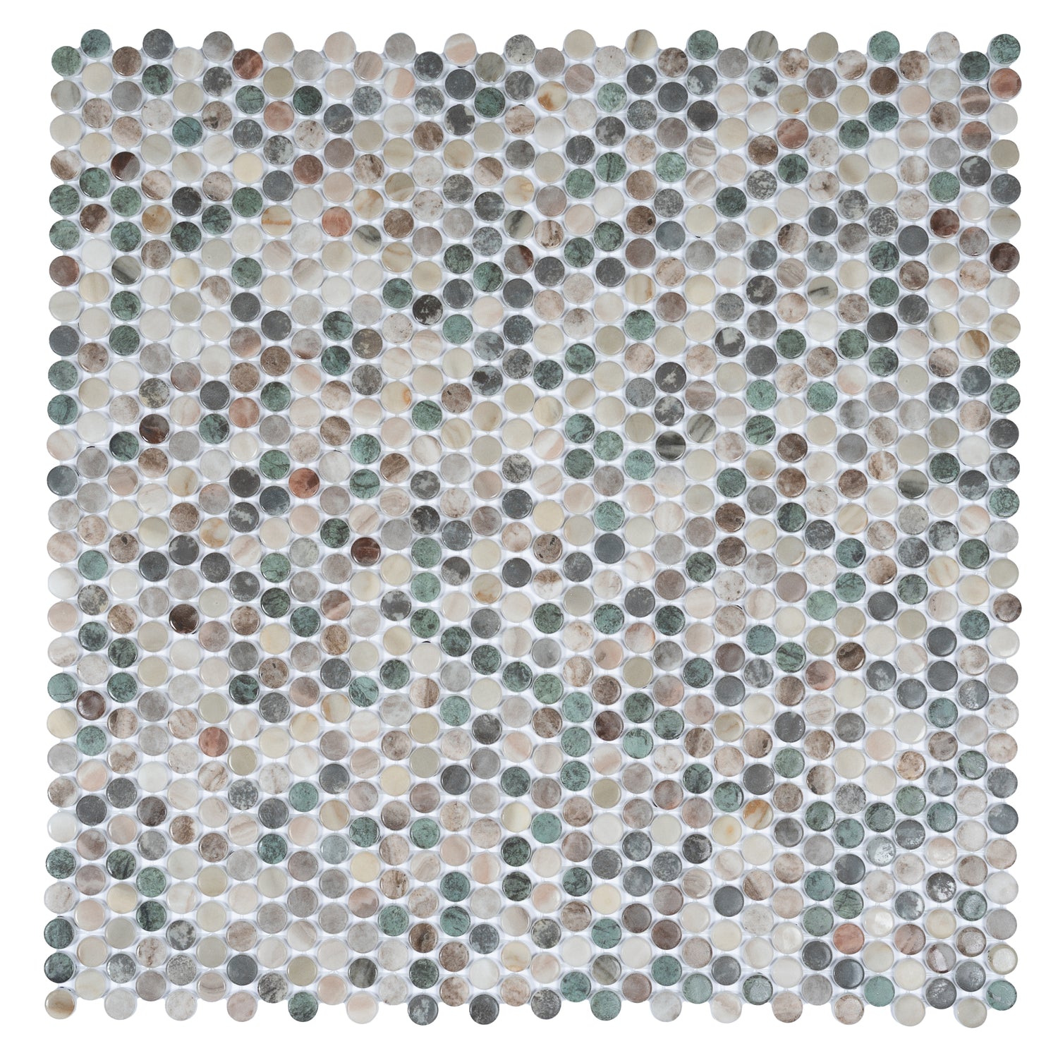 green beige matte recycled glass round mosaic tile sheet with mixed earth tones and 12x12 size