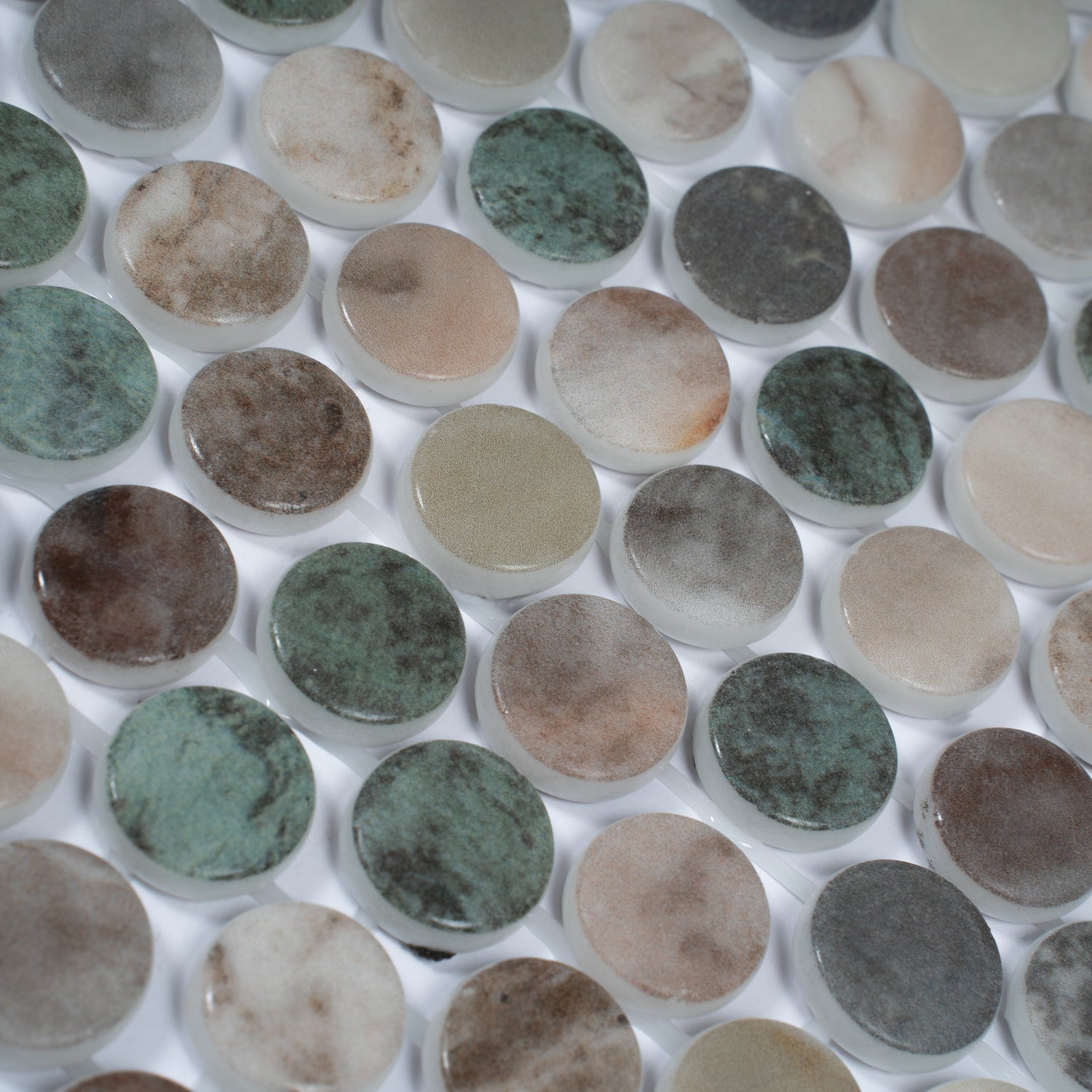 green beige matte recycled glass round mosaic tiles with mixed earthy tones in 12x12 sheet