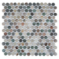 green beige matte recycled glass round mosaic tile sheet with varied earth tones