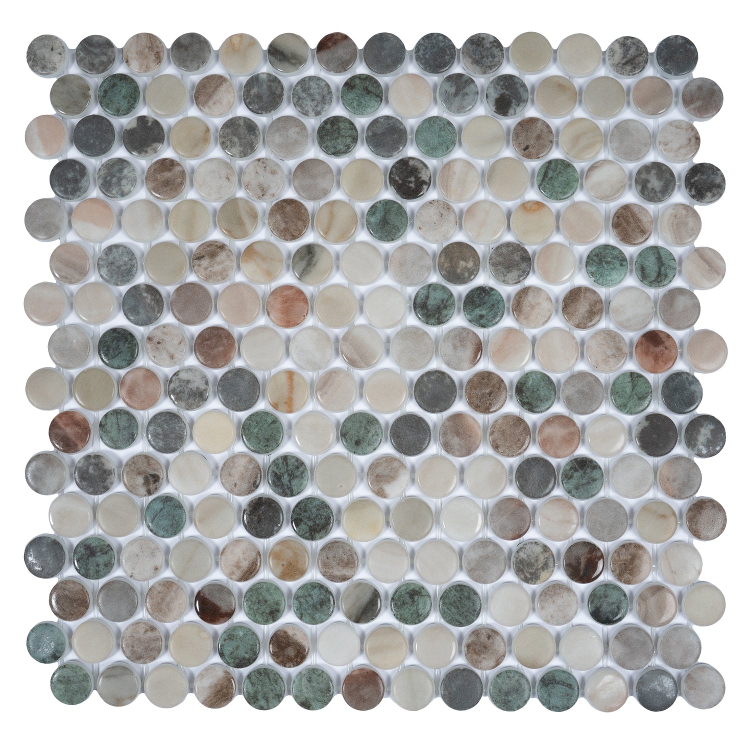 green beige matte recycled glass round mosaic tile sheet with varied earth tones