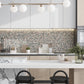 green beige matte recycled glass round mosaic tile backsplash with subtle color variations