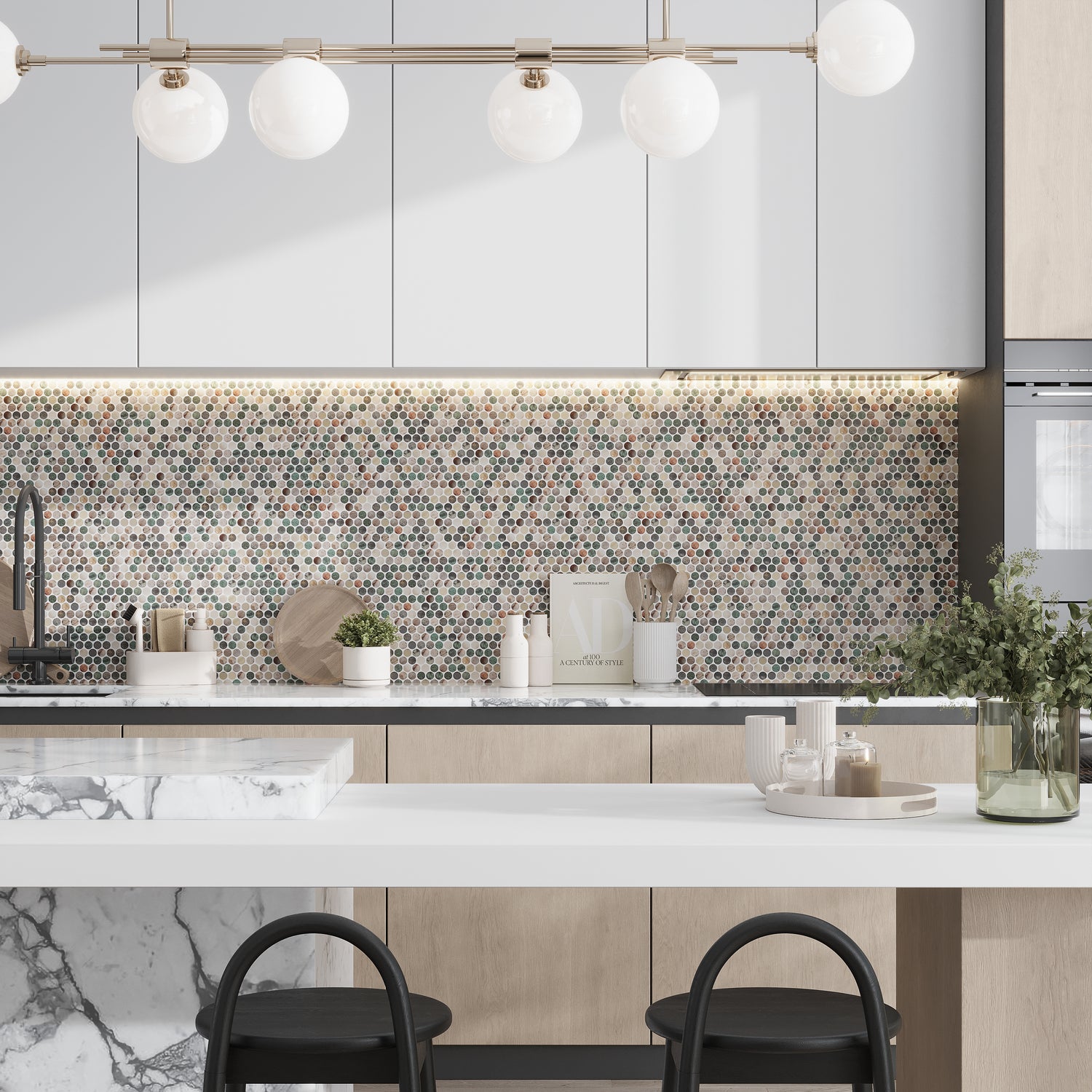 green beige matte recycled glass round mosaic tile backsplash with subtle color variations