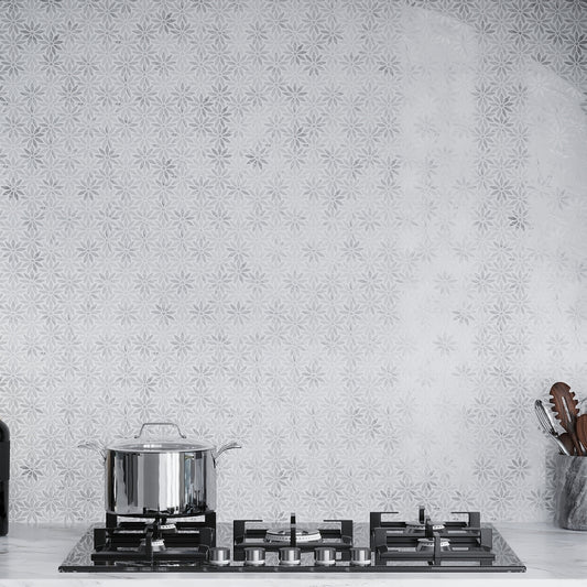 polished eastern white bardiglio floral marble mosaic tile with gray and white pattern