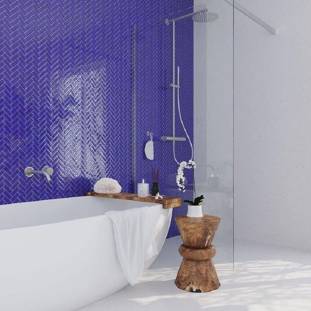 Cobalt Blue 11x13 Glossy Herringbone Glass Mosaic Tile (5 pack, 4.8125 sq ft/case) - Sample