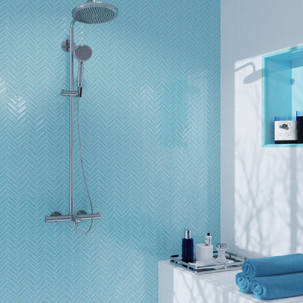 Sky Blue 11x13 Glossy Herringbone Glass Mosaic Tile (5 pack, 4.8125 sq ft/case) - Sample