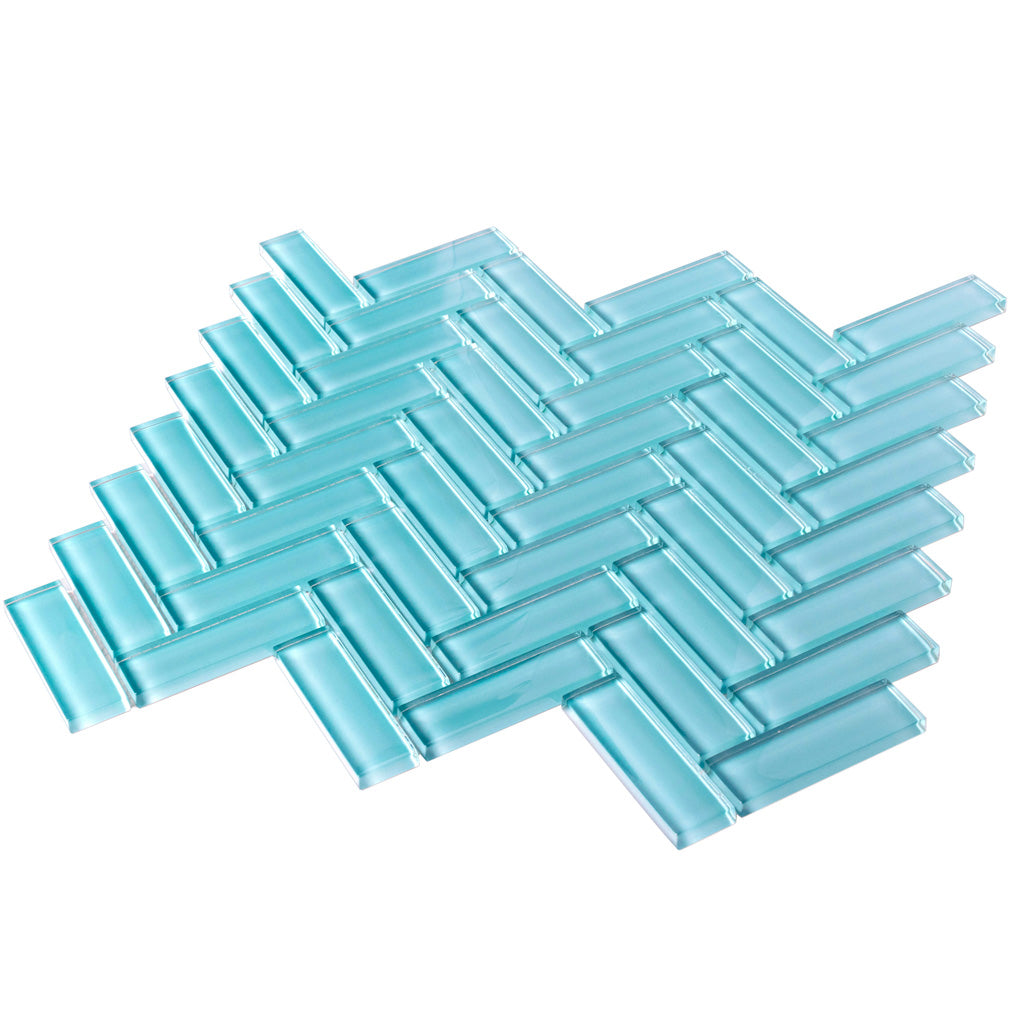 Sky Blue 11x13 Glossy Herringbone Glass Mosaic Tile (5 pack, 4.8125 sq ft/case) - Sample