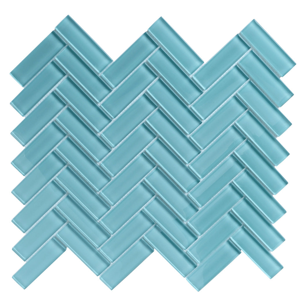 Sky Blue 11x13 Glossy Herringbone Glass Mosaic Tile (5 pack, 4.8125 sq ft/case) - Sample
