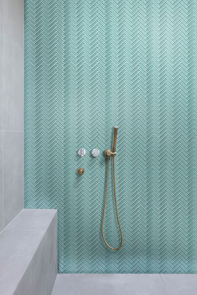 Sky Blue 11x13 Glossy Herringbone Glass Mosaic Tile (5 pack, 4.8125 sq ft/case) - Sample