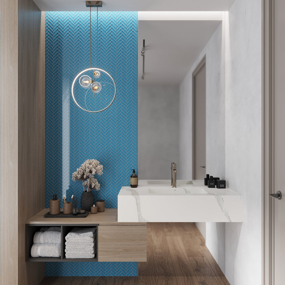Modern bathroom design with glass mosaic tile in a herringbone pattern