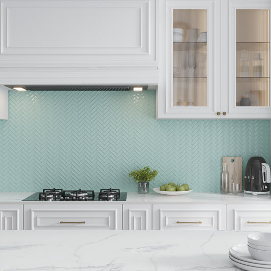 Blizzard Blue 11x13 Glossy Herringbone Glass Mosaic Tile (5 pack, 4.8125 sq ft/case)