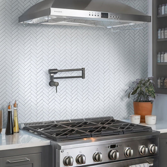 White glossy glass herringbone mosaic tile backsplash in kitchen wall, 11x12.6 inch sheets