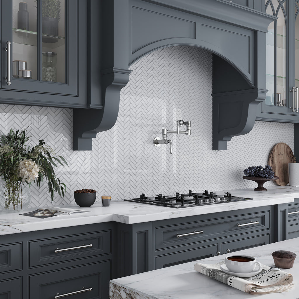 White 11 in. x 12.6 in. Herringbone Polished Glass Mosaic Tile (28 Cases, 134.68 sqft/Pallet)