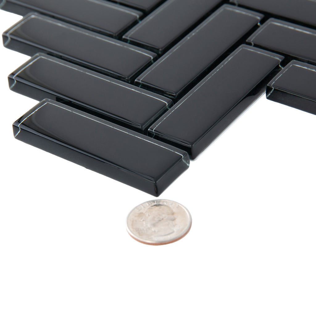 Black Herringbone Polished Glass Tile
