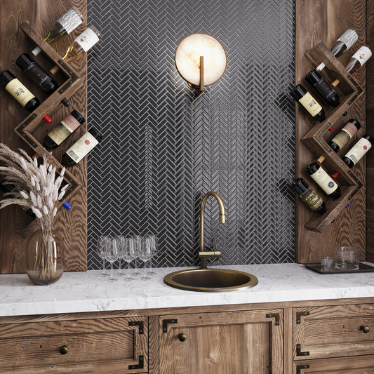 Black 11x13 Glossy Herringbone Glass Mosaic Tile (5 pack, 4.8125 sq ft/case) - Sample
