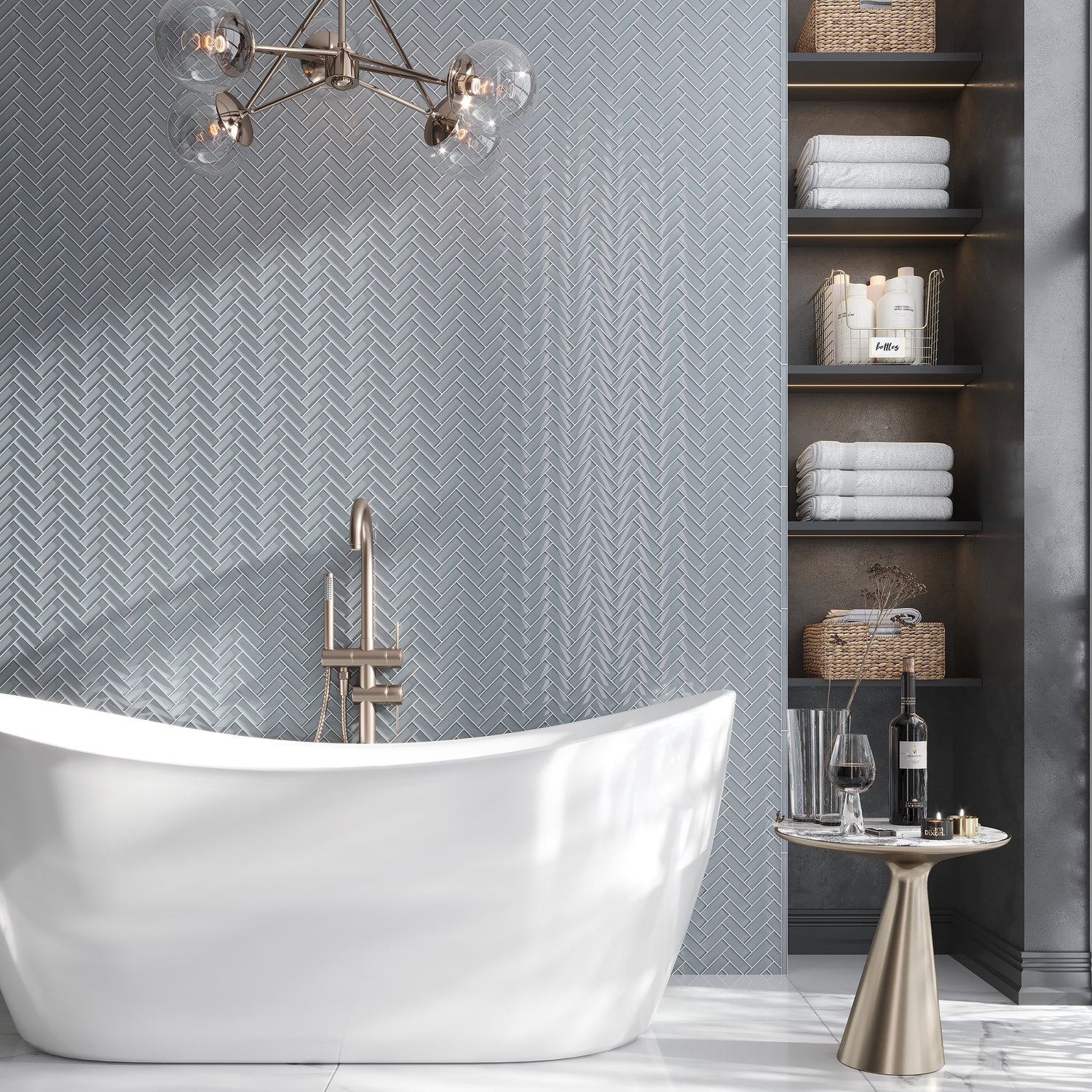 Gray 11x13 Glossy Herringbone Glass Mosaic Tile (5 pack, 4.8125 sq ft/case)