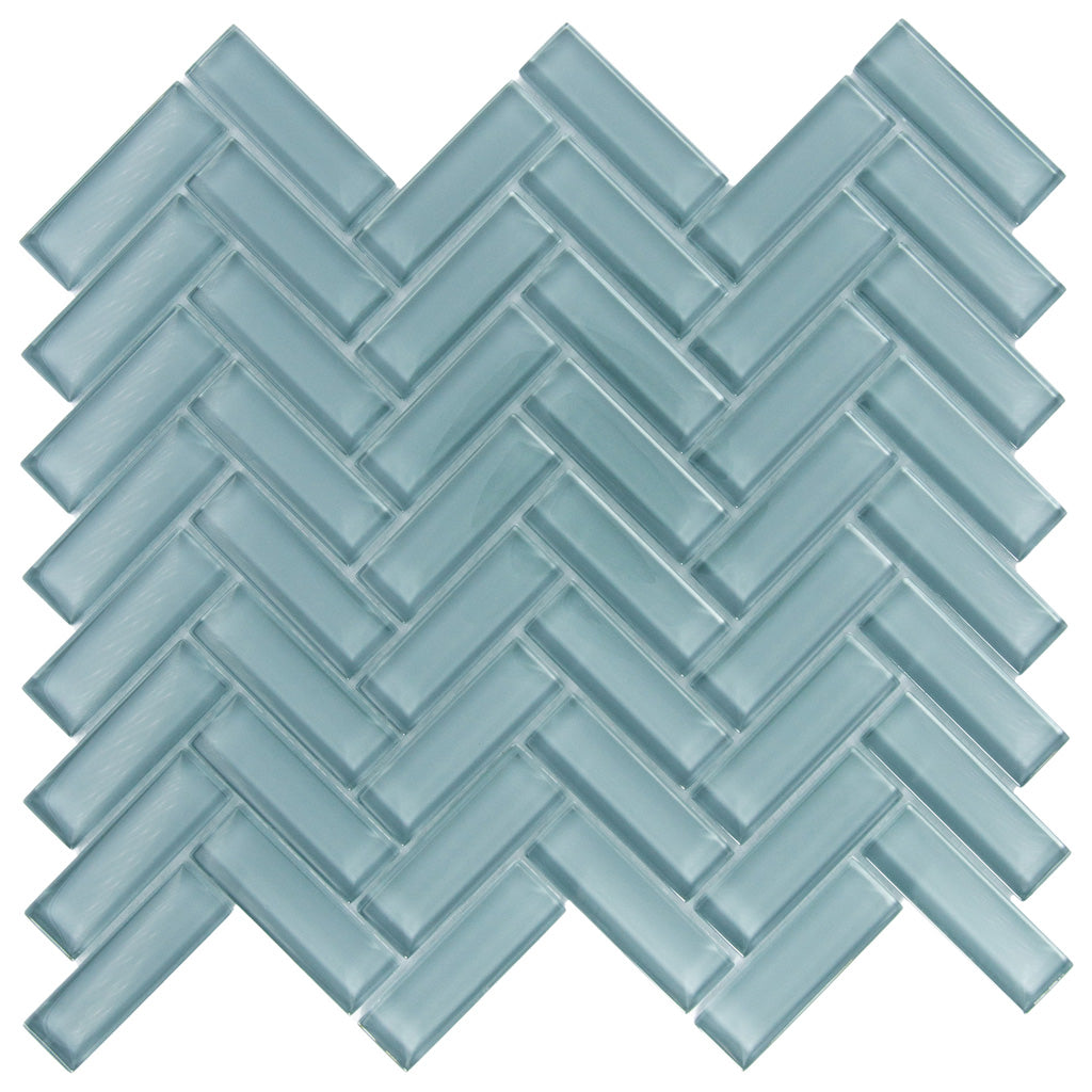 Shop Online 11 x 12.6 Stone Blue Herringbone Polished Glass Mosaic Tile ...