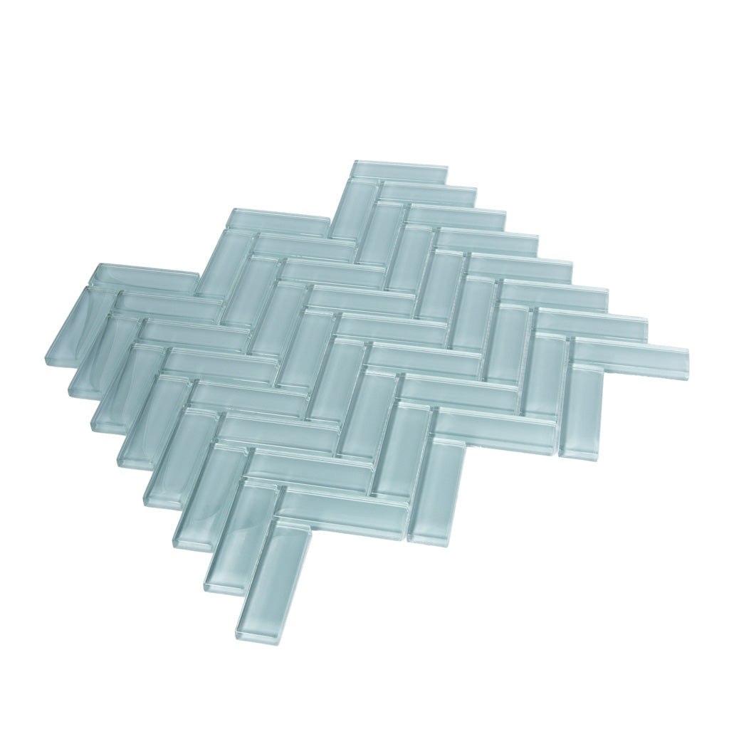 Stone Blue 11x13 Glossy Herringbone Glass Mosaic Tile (5 pack, 4.8125 sq ft/case) - Sample