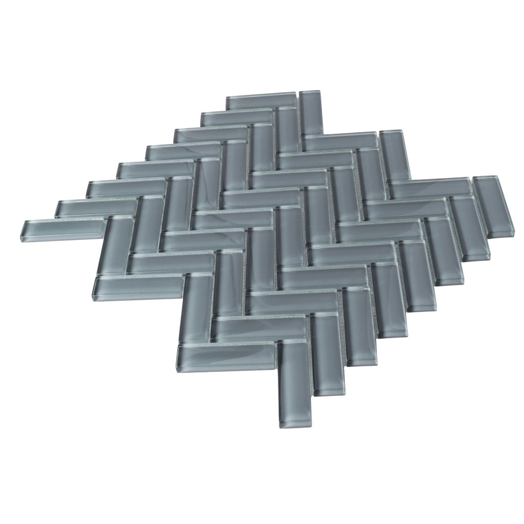 5 pack Coin Gray 11 in. x 12.6 in. Herringbone Polished Glass Mosaic Tile (4.81 sq ft/case) - Sample