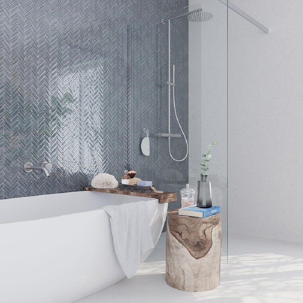 5 pack Coin Gray 11 in. x 12.6 in. Herringbone Polished Glass Mosaic Tile (4.81 sq ft/case) - Sample
