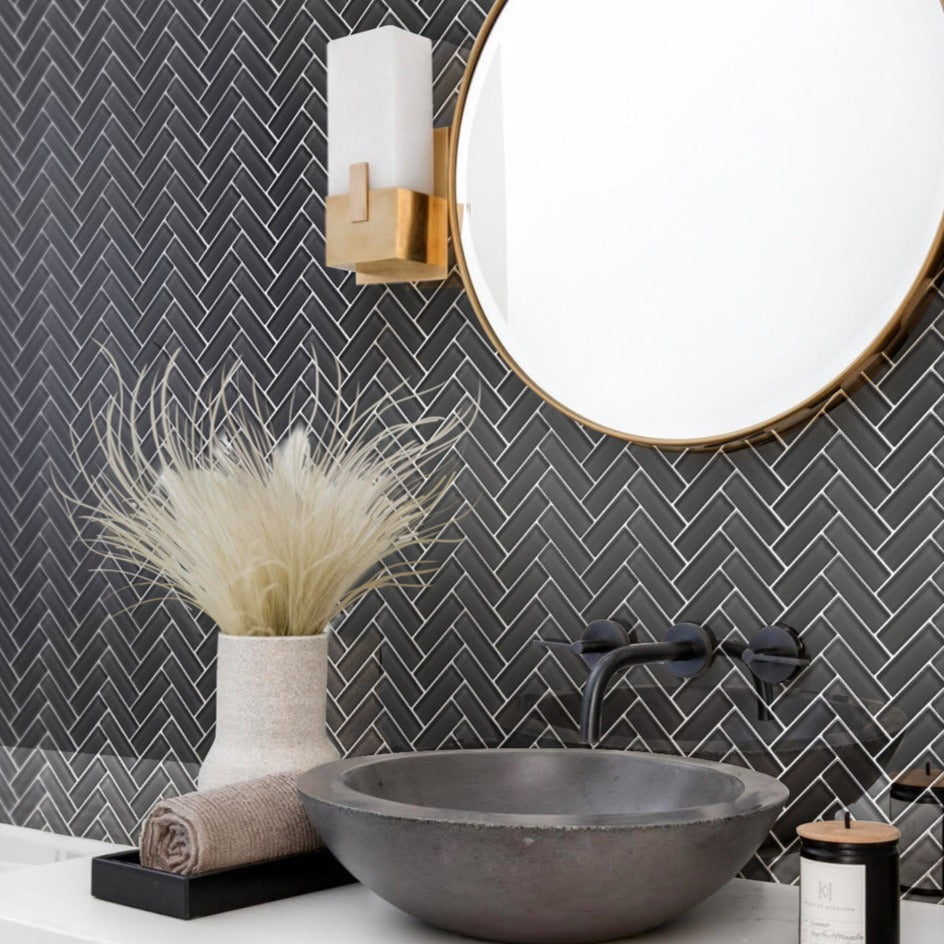 Ash Gray 11x13 Glossy Herringbone Glass Mosaic Tile (5 pack, 4.8125 sq ft/case) - Sample