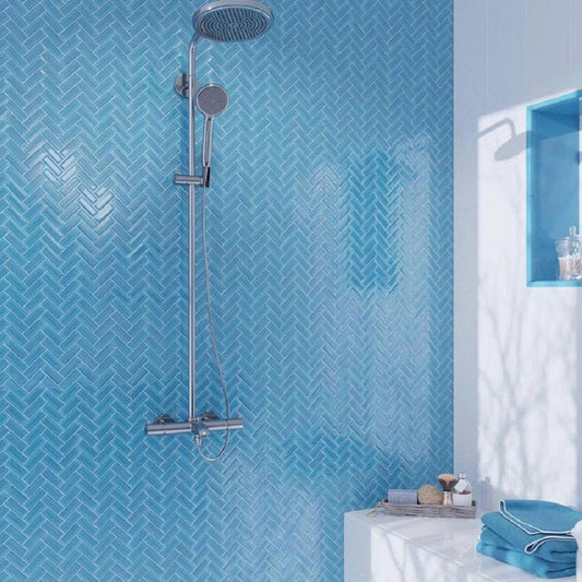 Cerulean Blue 11x13 Glossy Herringbone Glass Mosaic Tile (5 pack, 4.8125 sq ft/case) - Sample