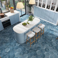 Indigo blue textured hexagon porcelain tile flooring in kitchen setting