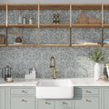 Sage green 9x11 hexagon porcelain tile with terrazzo pattern, matte finish, kitchen backsplash