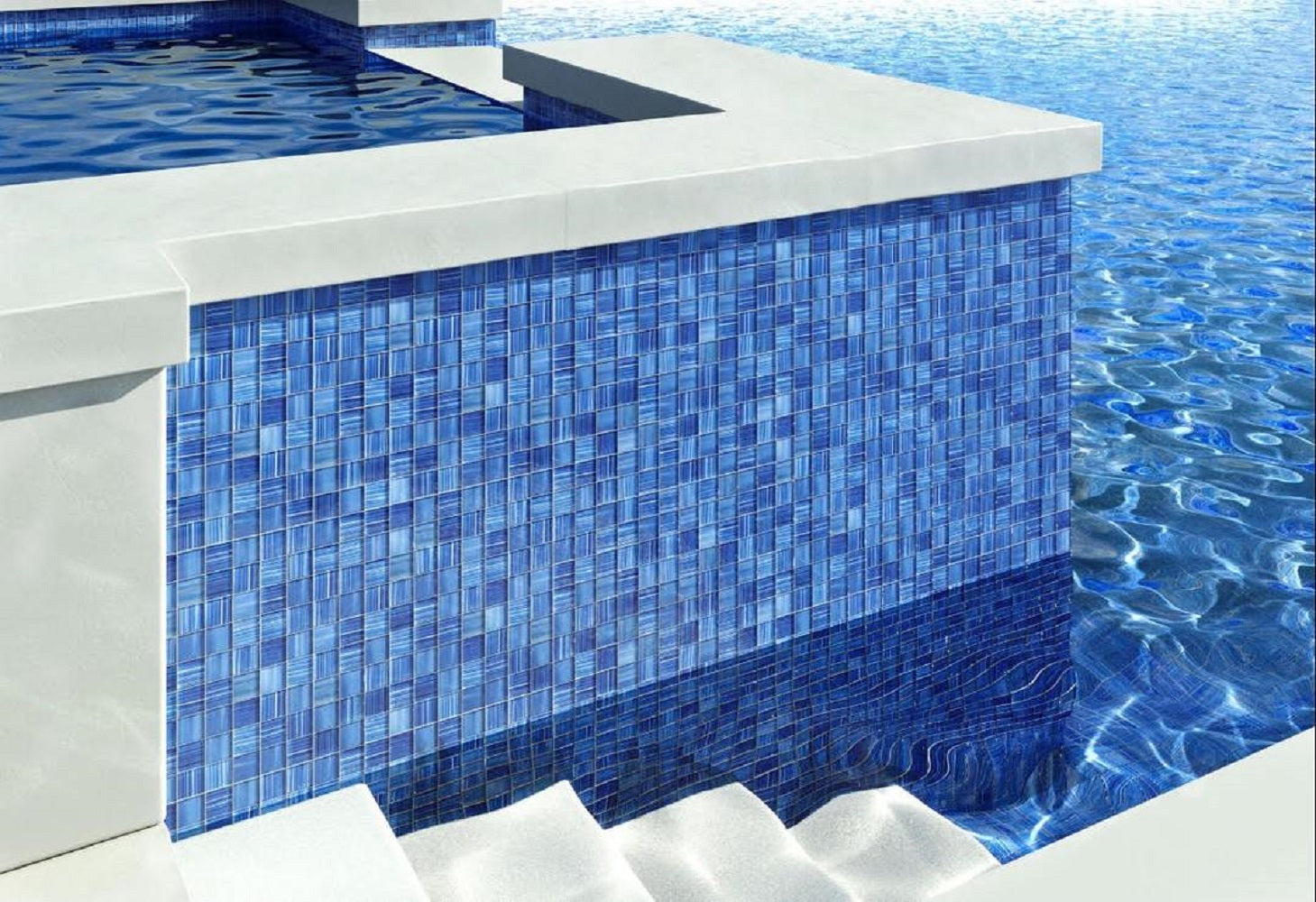 Cerulean blue 11x11 glossy and matte square glass mosaic tiles in pool wall application