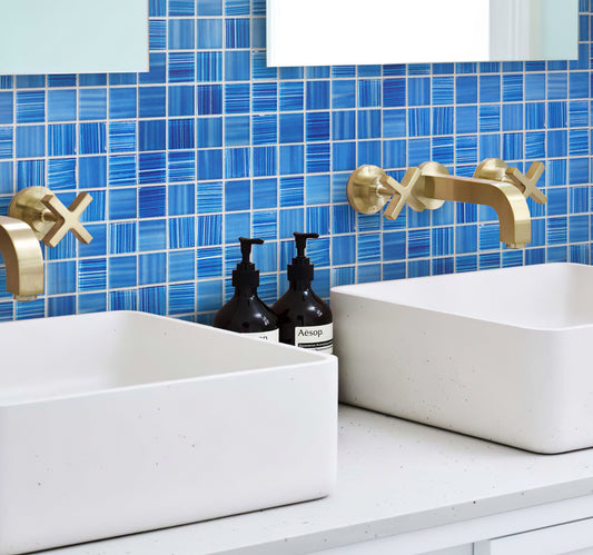 Cerulean blue 11x11 glossy and matte square glass mosaic tiles with varied blue stripes and solid patterns