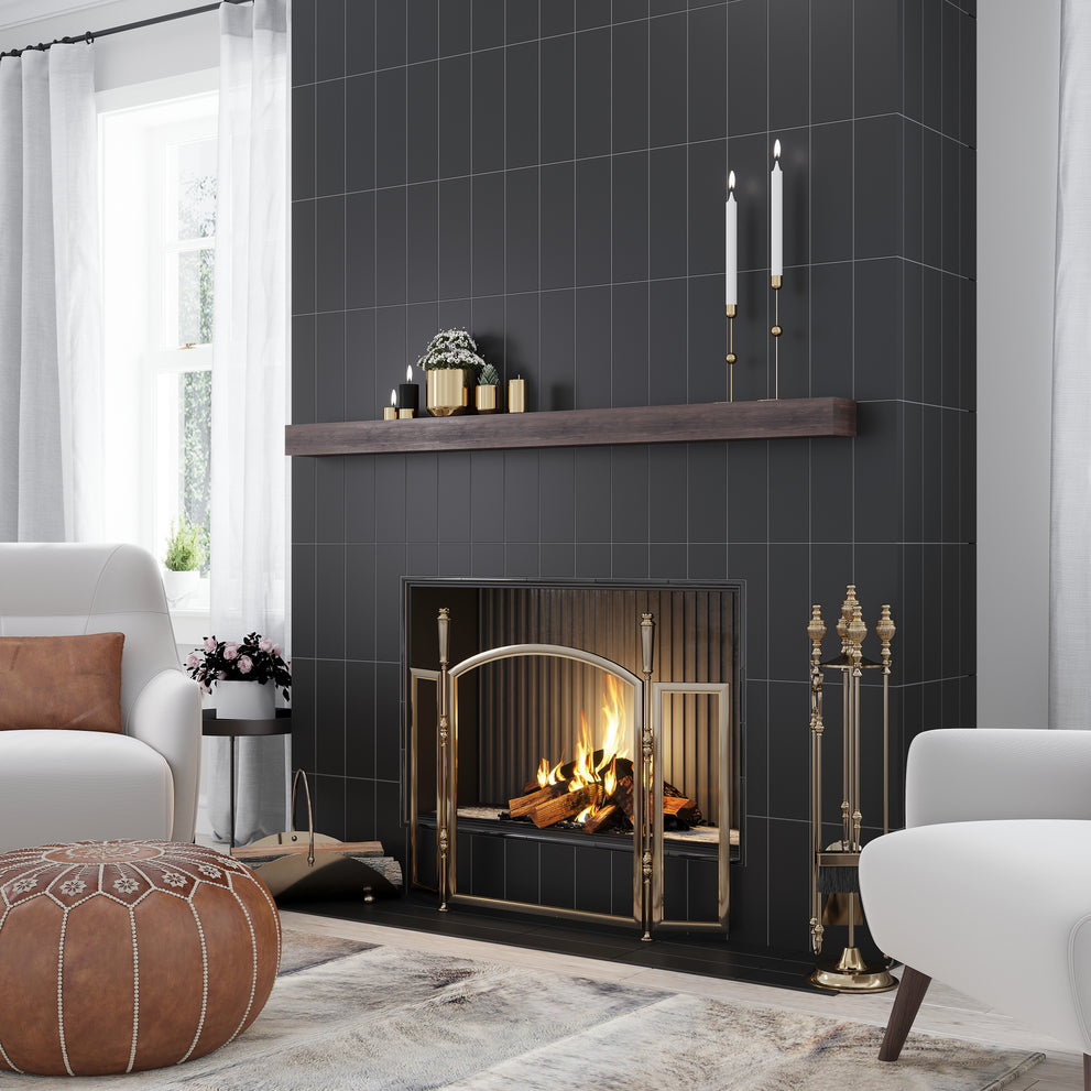 Black fireplace ideas in black polished ceramic subway tile