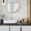 white 12x12 glossy matte brick glass mosaic tile installed on bathroom wall or kitchen backsplash