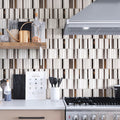 Brown and white polished textured rectangular marble and glass mosaic tile backsplash, 12x12 inches