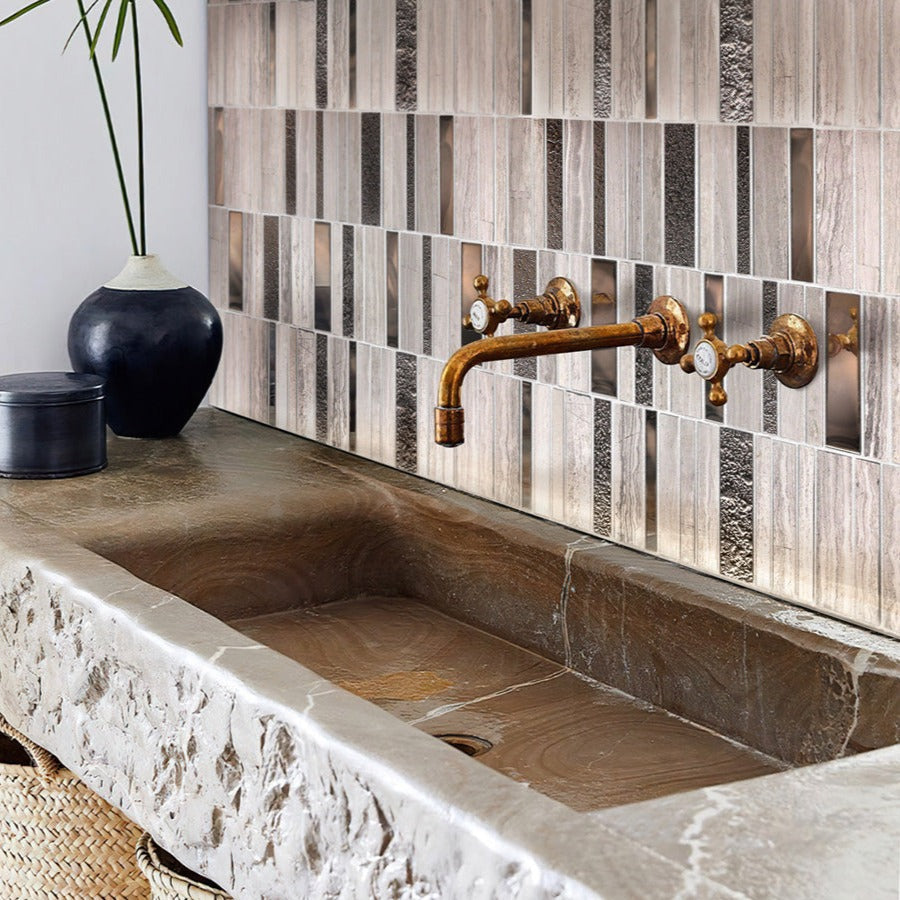 Brown Gray 12x12 Polished Textured Brick Glass Stone Mosaic Tile (5 pack, 4.83 sq ft/case) - Sample