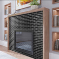 Dark shimmer gray polished glass subway tile wall installation with wood frame surrounding