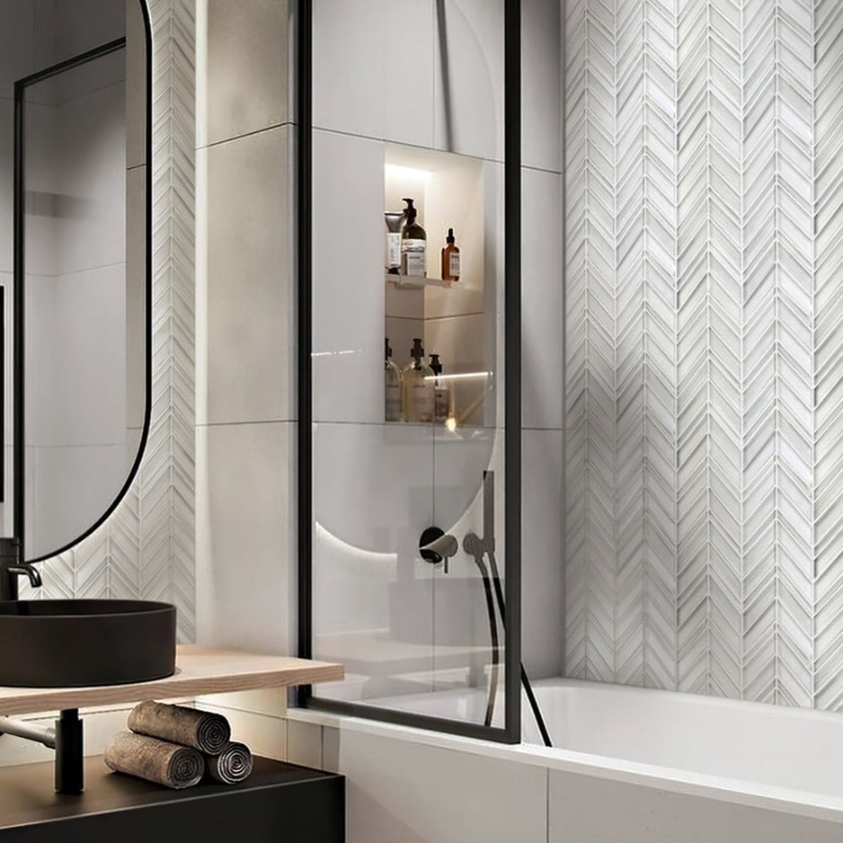 White 10x10 Herringbone Glossy Matte Glass Mosaic Tile (5 pack, 3.76 sq ft/case) - Sample