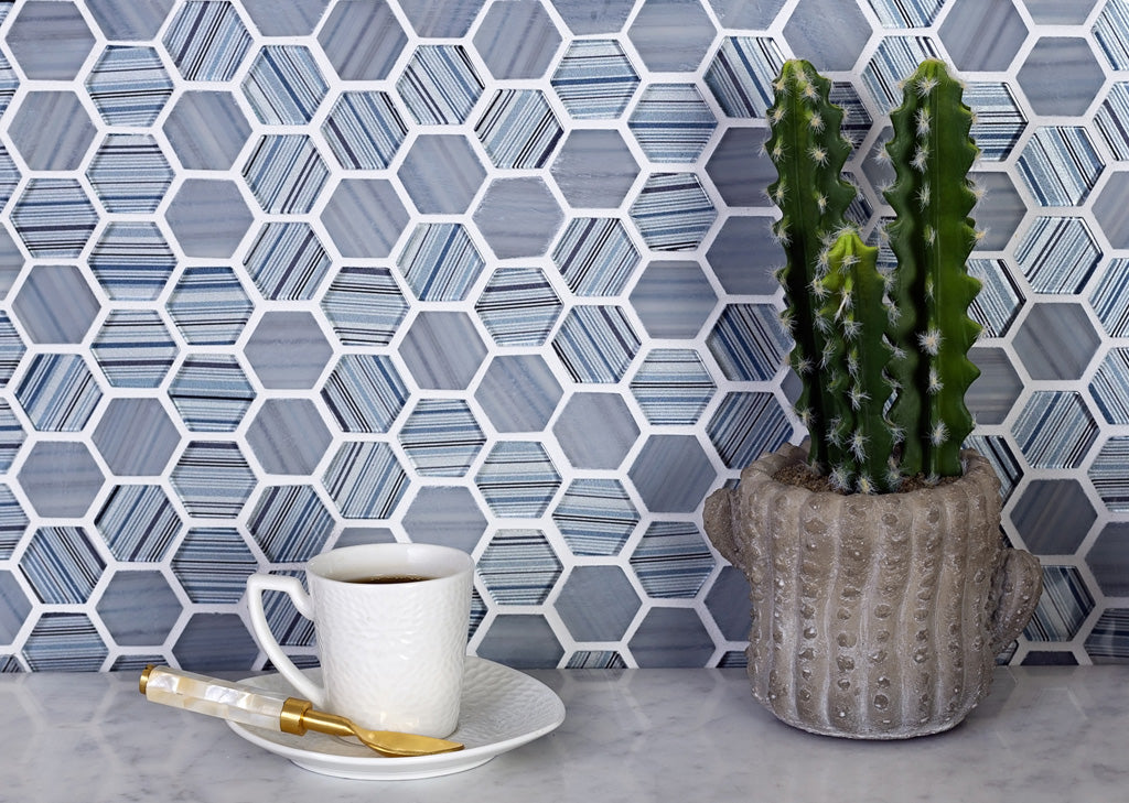 Blue Gray 12x12 Glossy Matte Hexagon Glass Mosaic Tile (5 pack, 4.83 sq ft/case) - Sample