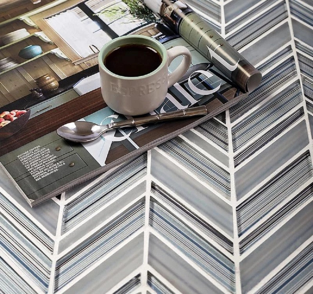 Blue Gray 10x10 Glossy Matte Herringbone Glass Mosaic Tile (5 pack, 3.76 sq ft/case) - Sample