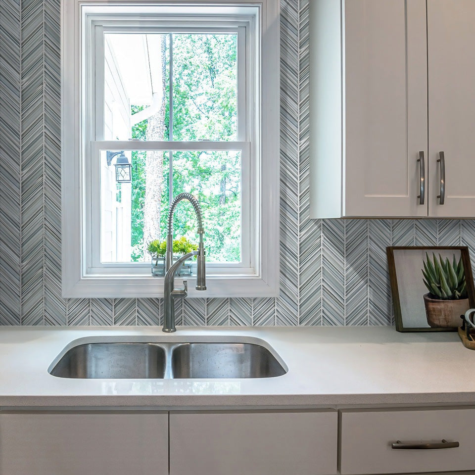 Blue Gray 10x10 Glossy Matte Herringbone Glass Mosaic Tile (5 pack, 3.76 sq ft/case) - Sample