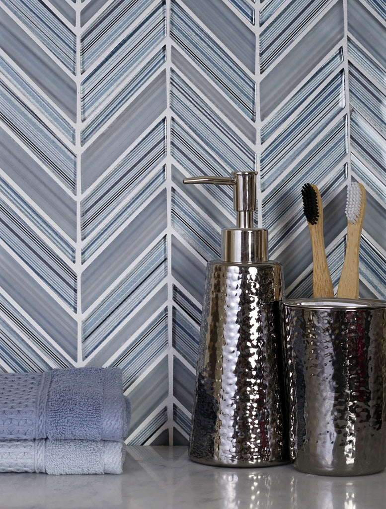 White Blue 10x10 Glossy Matte Herringbone Glass Mosaic Tile (5 pack, 3.76 sq ft/case) - Sample